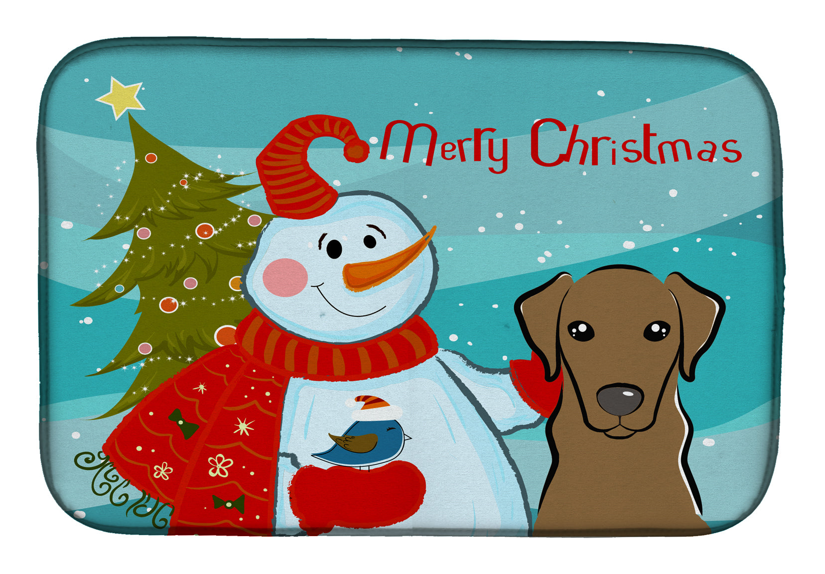 Snowman with Chocolate Labrador Dish Drying Mat Absorbent Dish Drying Mat Pad for Kitchen Counter Dish Drainer Mat for Countertop, 14 x 21", Multicolor