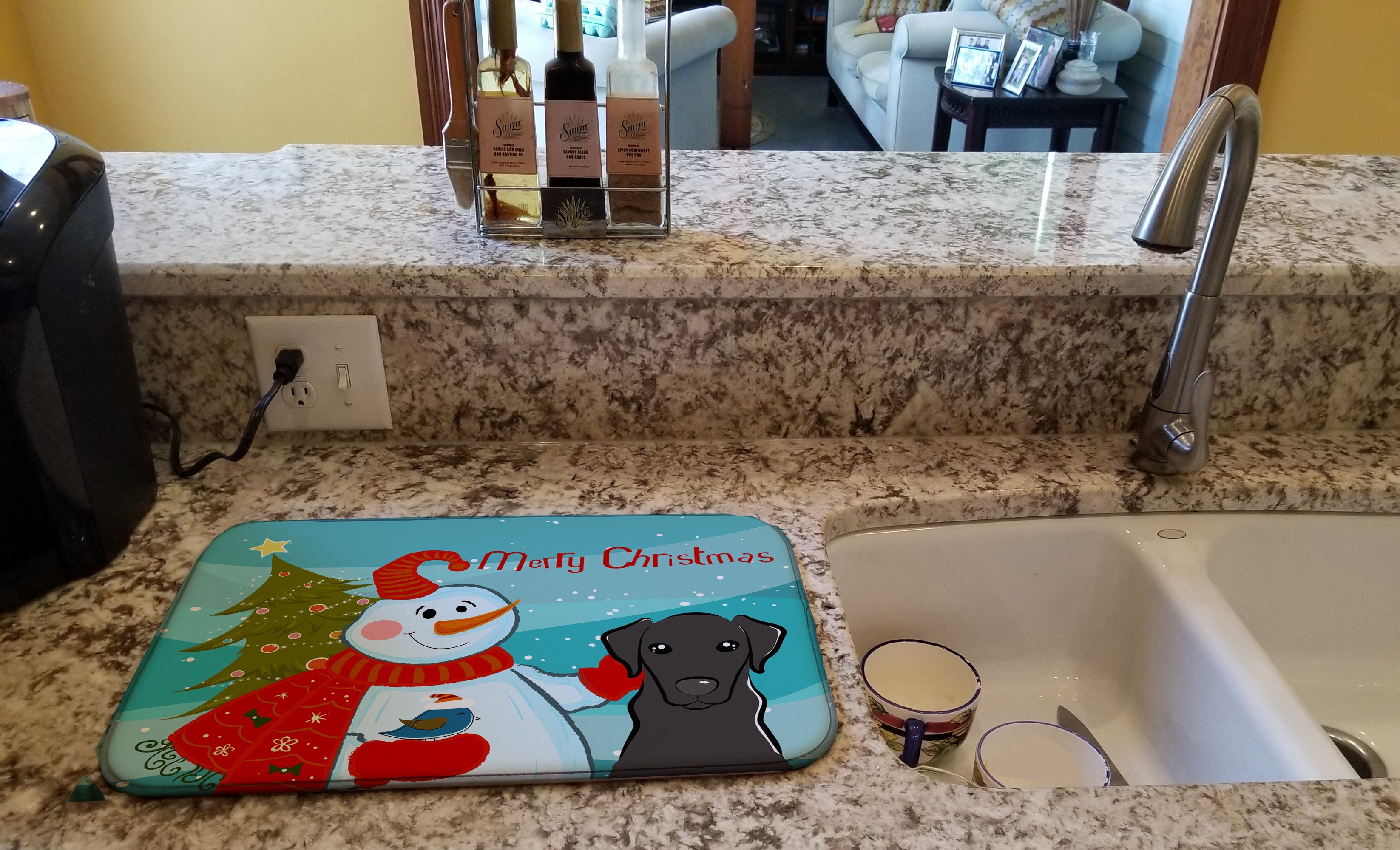 Snowman with Black Labrador Dish Drying Mat Absorbent Dish Drying Mat Pad for Kitchen Counter Dish Drainer Mat for Countertop, 14 x 21", Multicolor