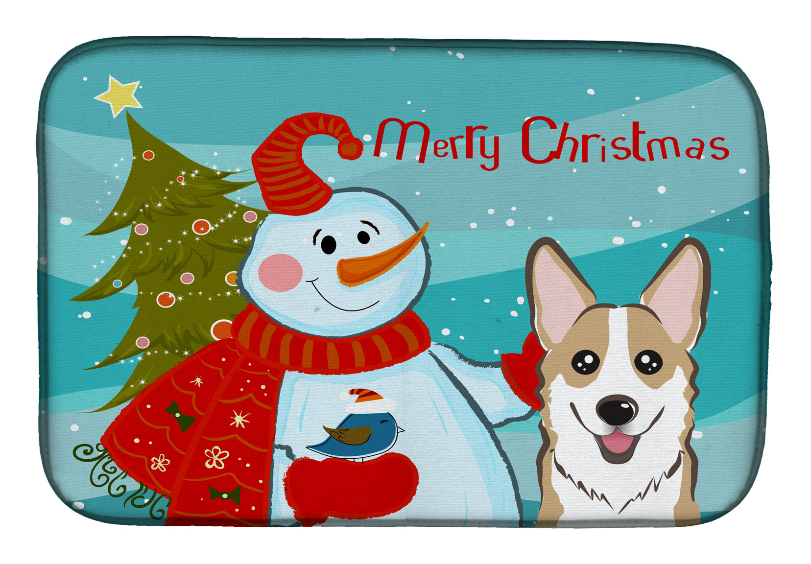 Snowman with Sable Corgi Dish Drying Mat Absorbent Dish Drying Mat Pad for Kitchen Counter Dish Drainer Mat for Countertop, 14 x 21", Multicolor
