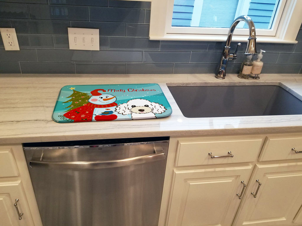 Snowman with White Poodle Dish Drying Mat Absorbent Dish Drying Mat Pad for Kitchen Counter Dish Drainer Mat for Countertop, 14 x 21", Multicolor
