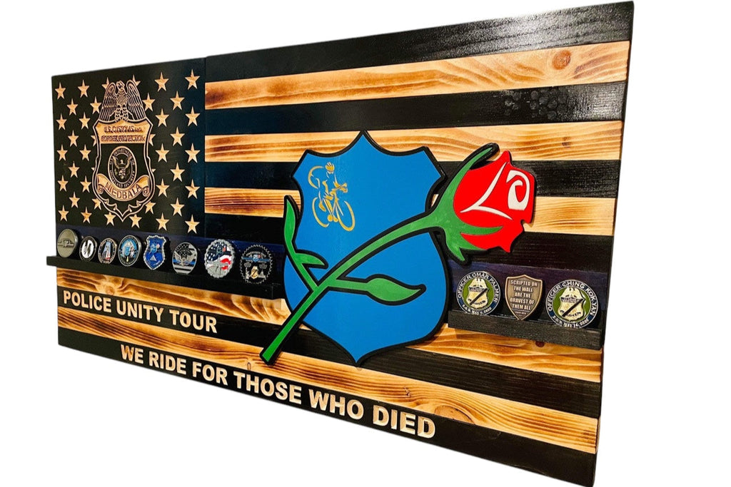 Custom Wooden Challenge Coin Display Flag with Engraved Badge