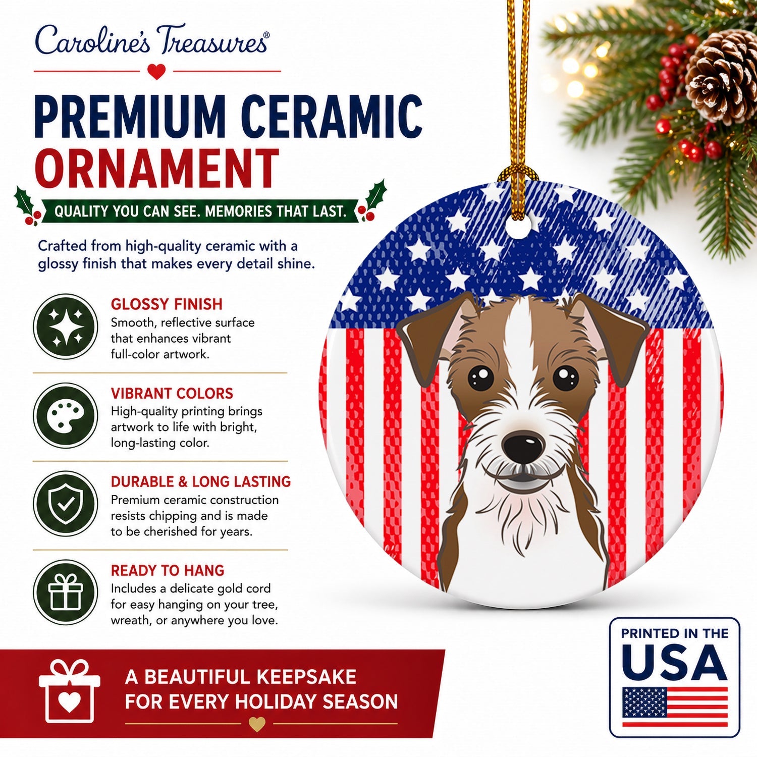American Flag and Jack Russell Terrier Ceramic Ornament Christmas Tree Hanging Decorations for Home Christmas Holiday, Party, Gift, 3 in, Multicolor