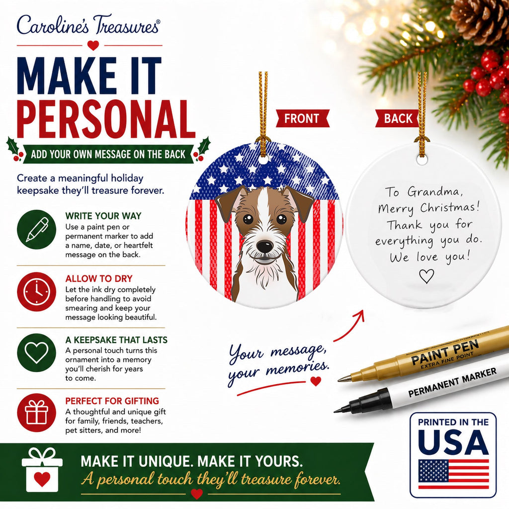 American Flag and Jack Russell Terrier Ceramic Ornament Christmas Tree Hanging Decorations for Home Christmas Holiday, Party, Gift, 3 in, Multicolor