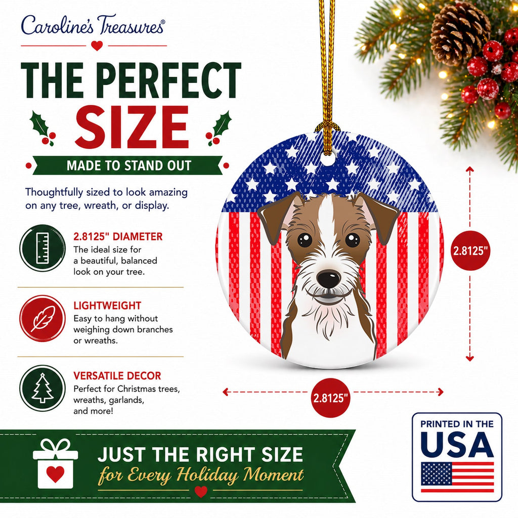 American Flag and Jack Russell Terrier Ceramic Ornament Christmas Tree Hanging Decorations for Home Christmas Holiday, Party, Gift, 3 in, Multicolor