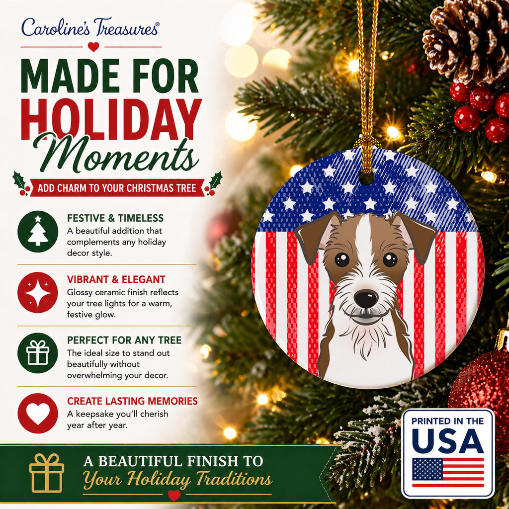 American Flag and Jack Russell Terrier Ceramic Ornament Christmas Tree Hanging Decorations for Home Christmas Holiday, Party, Gift, 3 in, Multicolor