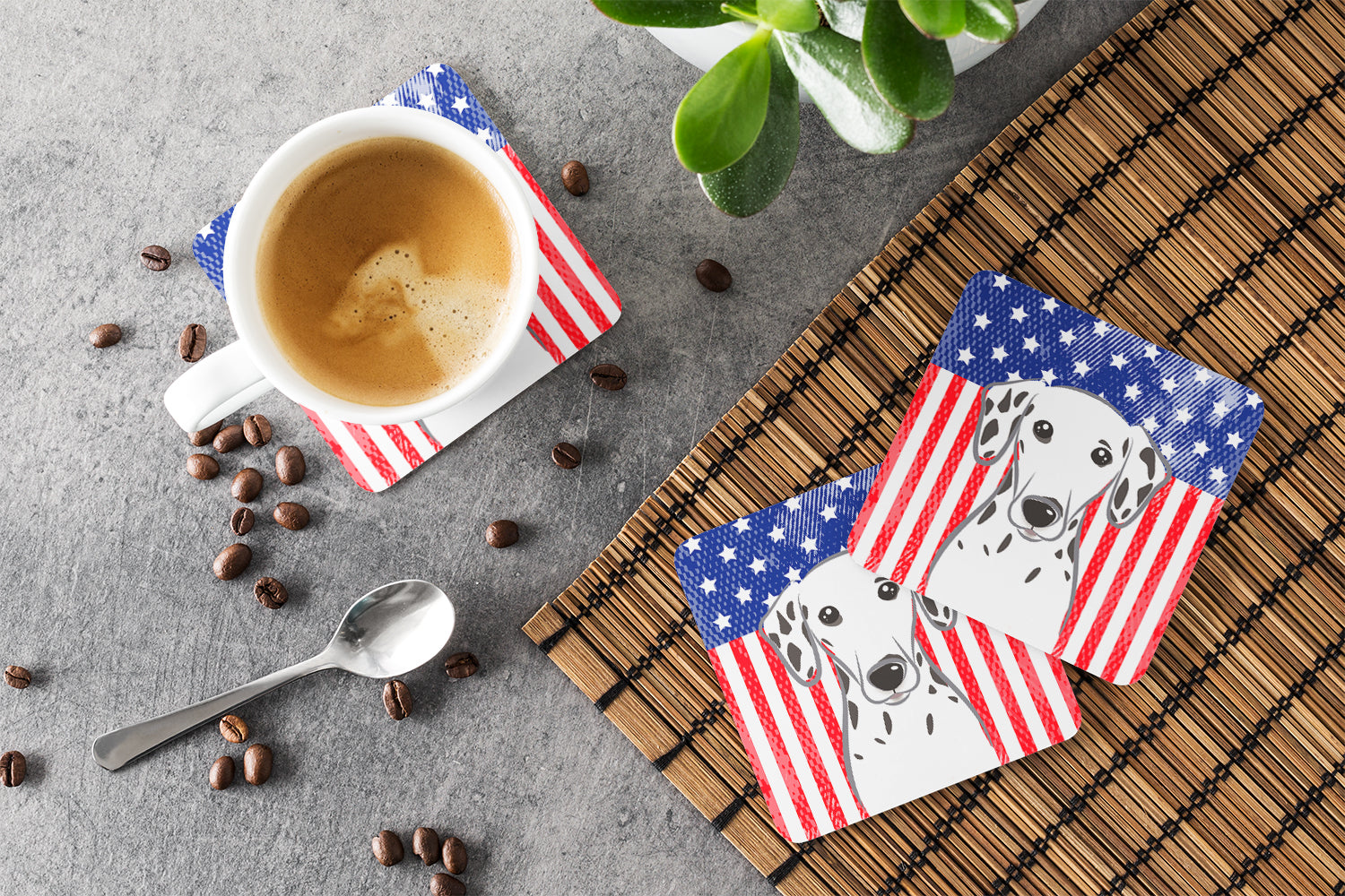 American Flag and Dalmatian Foam Coasters Set of 4 Cup Coasters for Indoor Outdoor, Tabletop Protection, Anti Slip, Mouse pad Material