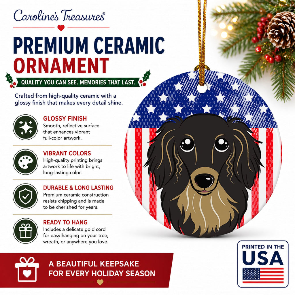 American Flag and Longhair Black and Tan Dachshund Ceramic Ornament Christmas Tree Hanging Decorations for Home Christmas Holiday, Party, Gift, 3 in, Multicolor