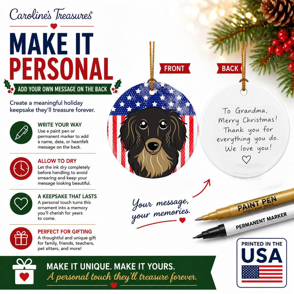 American Flag and Longhair Black and Tan Dachshund Ceramic Ornament Christmas Tree Hanging Decorations for Home Christmas Holiday, Party, Gift, 3 in, Multicolor