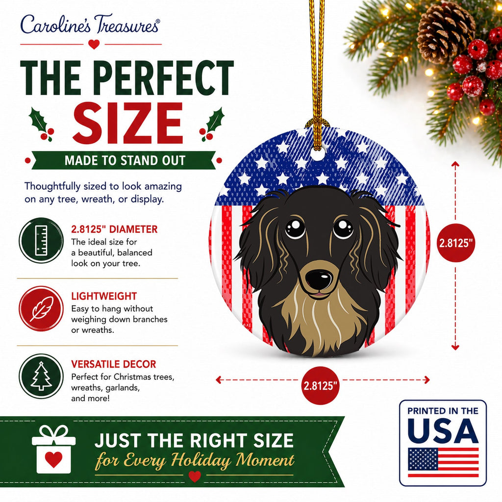 American Flag and Longhair Black and Tan Dachshund Ceramic Ornament Christmas Tree Hanging Decorations for Home Christmas Holiday, Party, Gift, 3 in, Multicolor