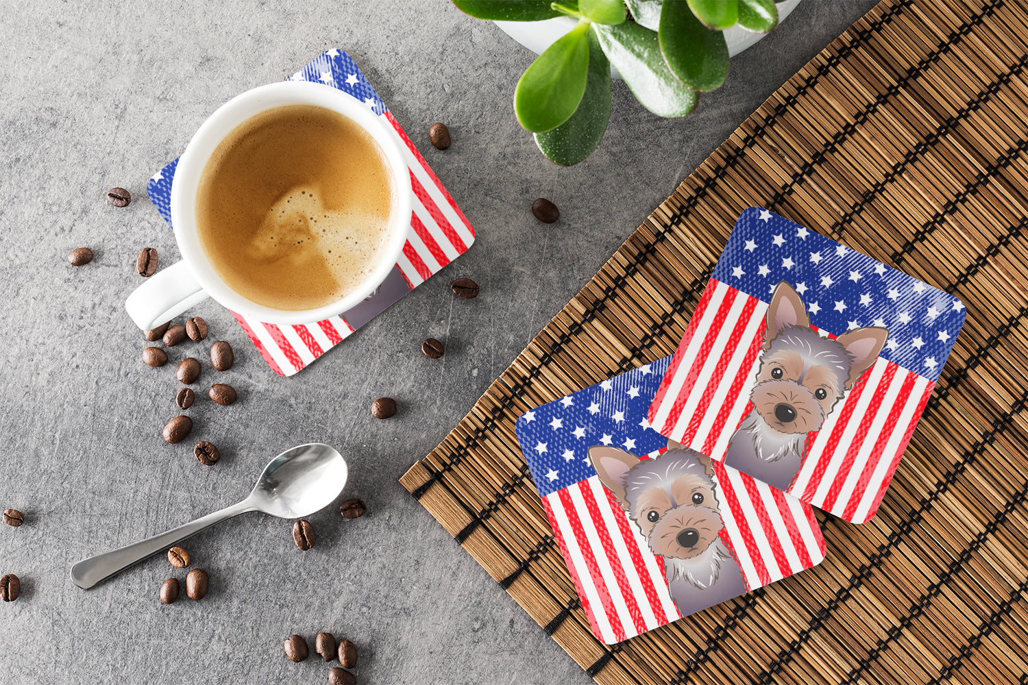 American Flag and Yorkie Puppy Foam Coasters Set of 4 Cup Coasters for Indoor Outdoor, Tabletop Protection, Anti Slip, Mouse pad Material