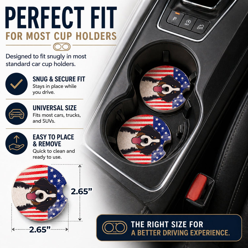 American Flag and Bernese Mountain Dog Set of 2 Cup Holder Car Coasters Absorbent Round Sandstone Coasters Gifts for Men or Women, 2.5, Multicolor