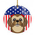 American Flag and Chocolate Brown Shih Tzu Ceramic Ornament Christmas Tree Hanging Decorations for Home Christmas Holiday, Party, Gift, 3 in, Multicolor