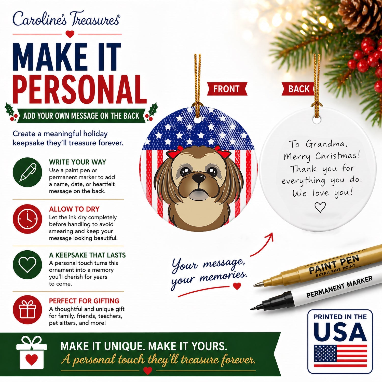 American Flag and Chocolate Brown Shih Tzu Ceramic Ornament Christmas Tree Hanging Decorations for Home Christmas Holiday, Party, Gift, 3 in, Multicolor