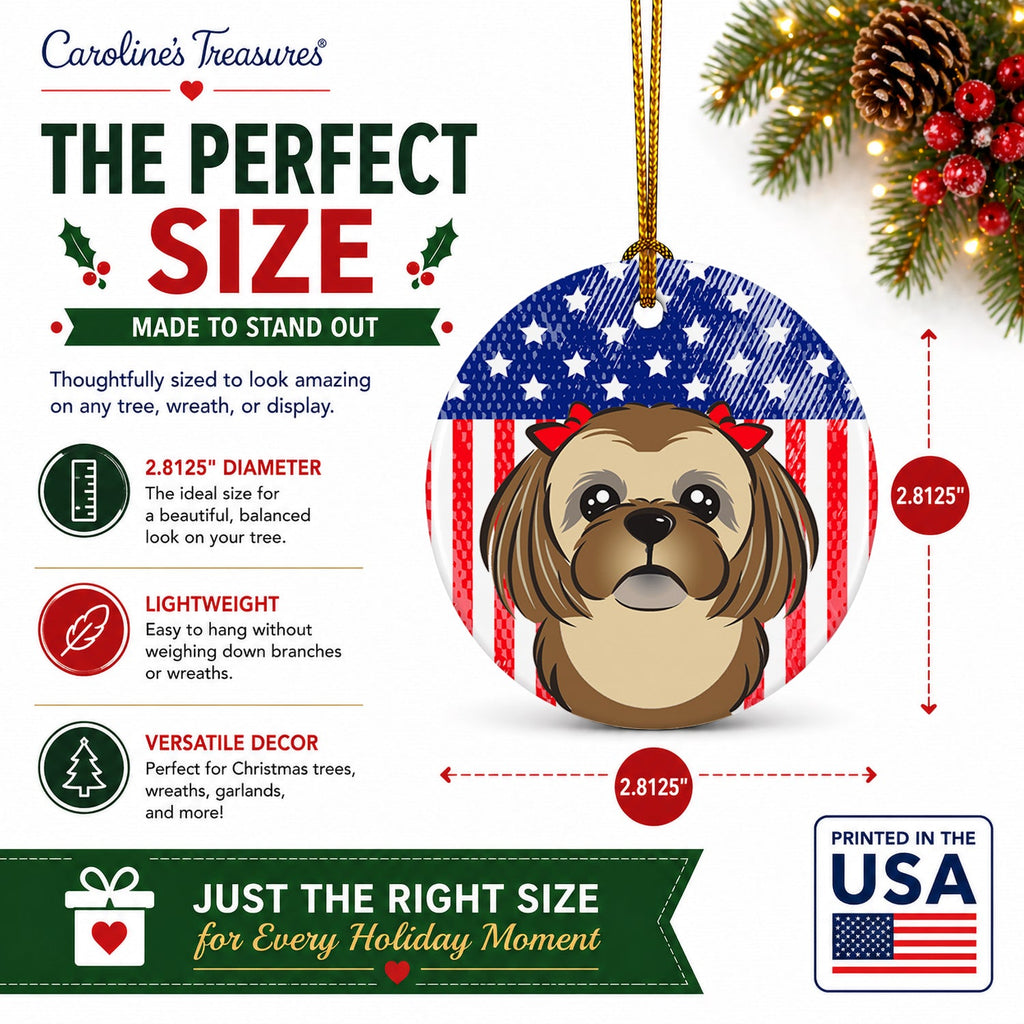 American Flag and Chocolate Brown Shih Tzu Ceramic Ornament Christmas Tree Hanging Decorations for Home Christmas Holiday, Party, Gift, 3 in, Multicolor