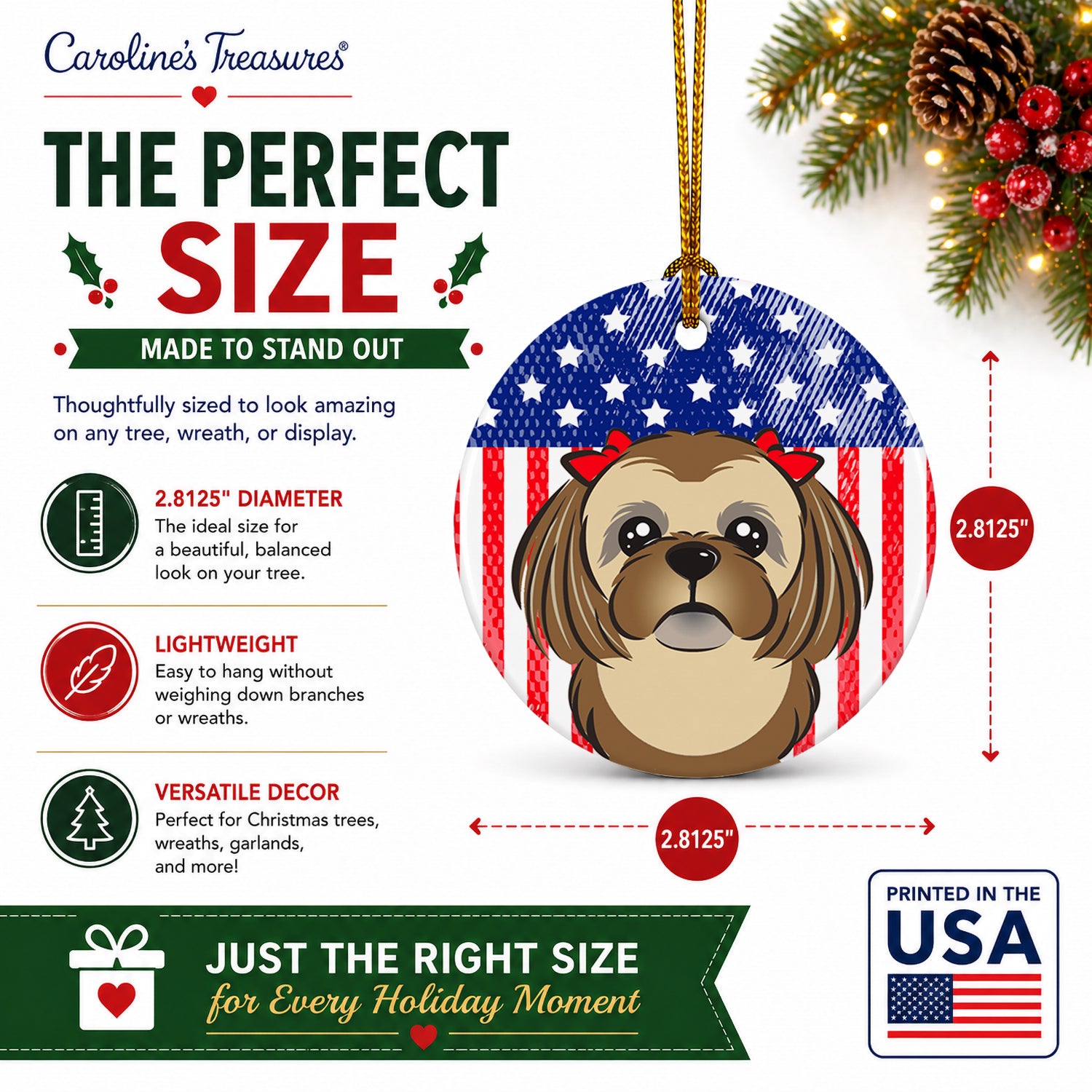 American Flag and Chocolate Brown Shih Tzu Ceramic Ornament Christmas Tree Hanging Decorations for Home Christmas Holiday, Party, Gift, 3 in, Multicolor