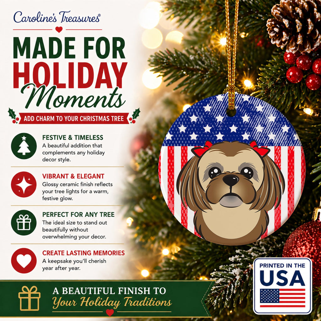 American Flag and Chocolate Brown Shih Tzu Ceramic Ornament Christmas Tree Hanging Decorations for Home Christmas Holiday, Party, Gift, 3 in, Multicolor