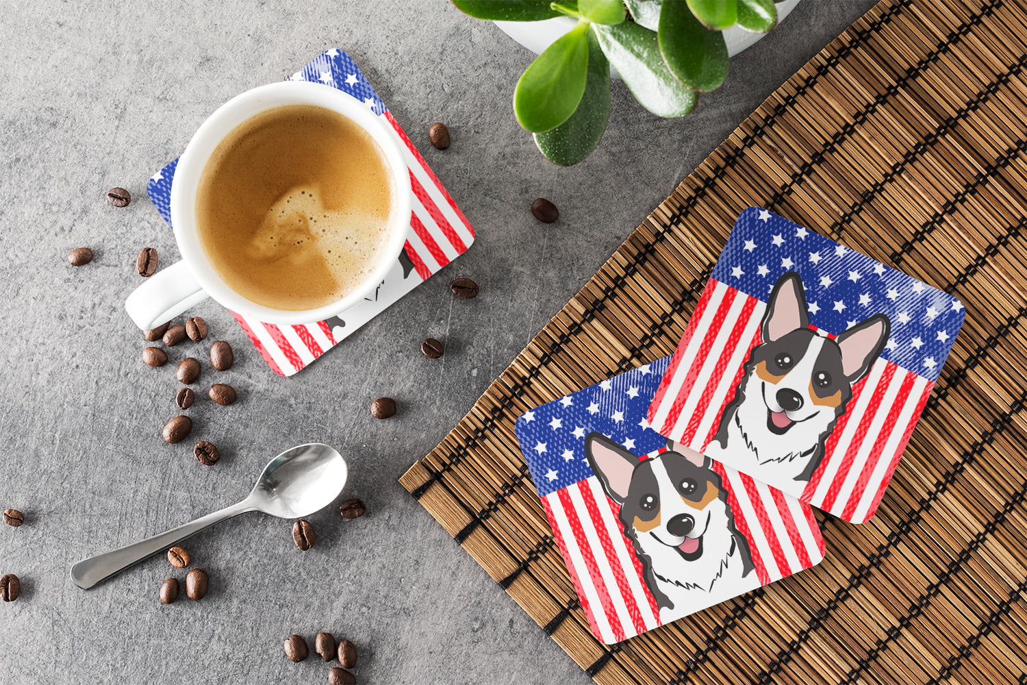 American Flag and Tricolor Corgi Foam Coasters Set of 4 Cup Coasters for Indoor Outdoor, Tabletop Protection, Anti Slip, Mouse pad Material