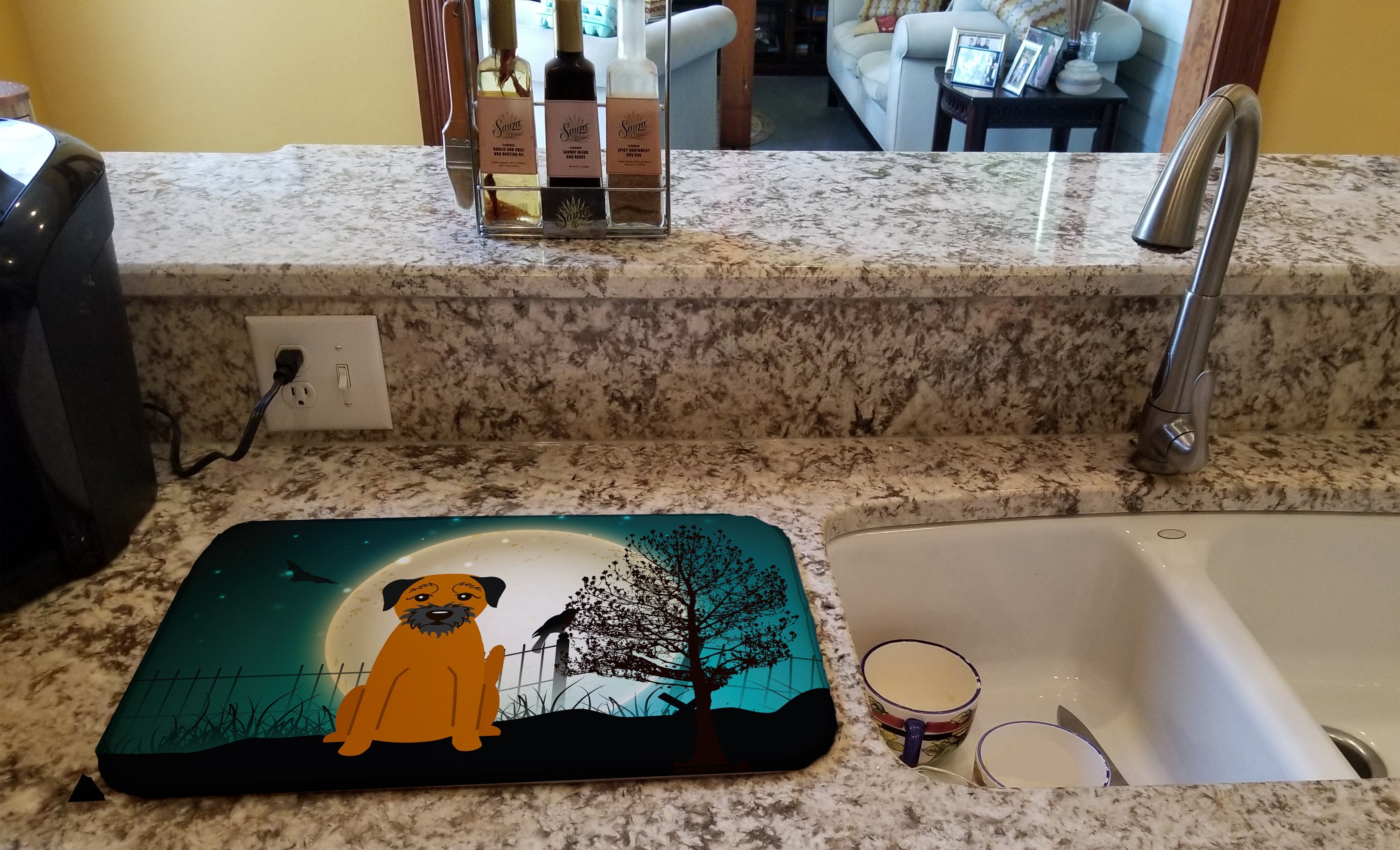 Halloween Scary Border Terrier Dish Drying Mat Absorbent Dish Drying Mat Pad for Kitchen Counter Dish Drainer Mat for Countertop, 14 x 21", Multicolor