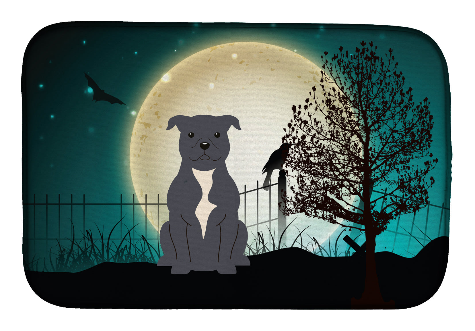 Halloween Scary Staffordshire Bull Terrier Blue Dish Drying Mat Absorbent Dish Drying Mat Pad for Kitchen Counter Dish Drainer Mat for Countertop, 14 x 21", Multicolor