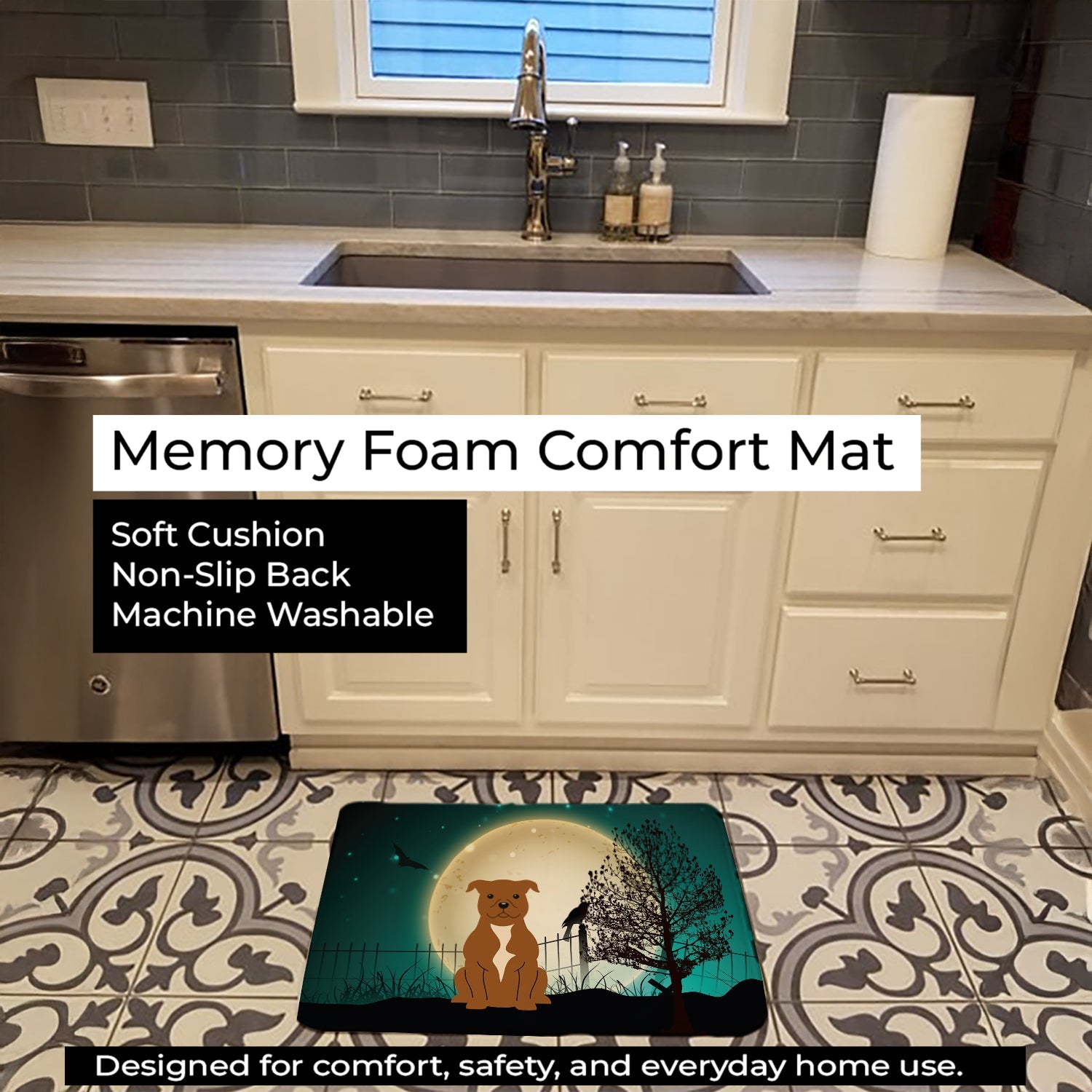 Halloween Scary Staffordshire Bull Terrier Brown Memory Foam Kitchen Mat Machine Washable Anti-Fatigue Cushion Comfort Bath or Kitchen Rug