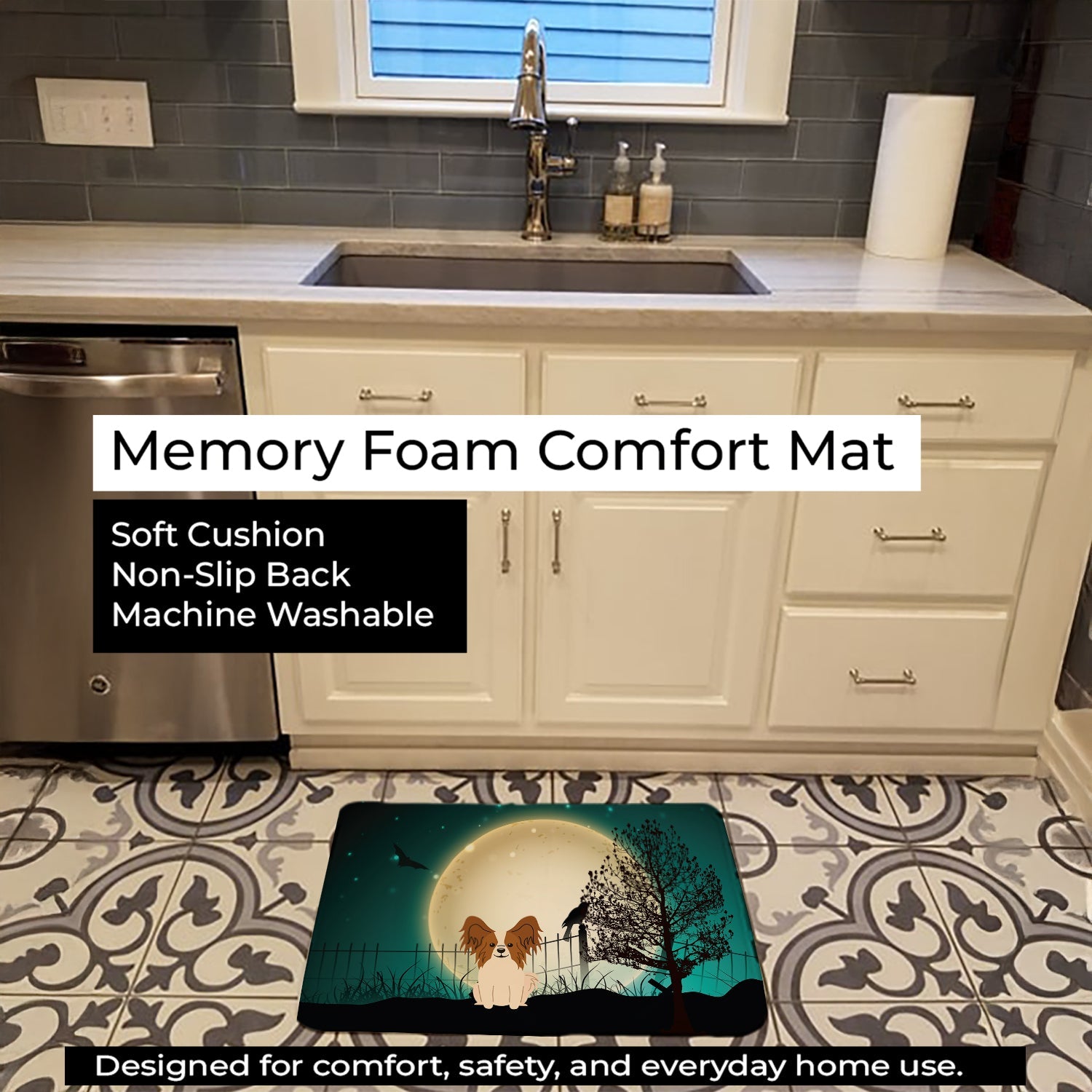 Halloween Scary Papillon Red White Memory Foam Kitchen Mat Machine Washable Anti-Fatigue Cushion Comfort Bath or Kitchen Rug
