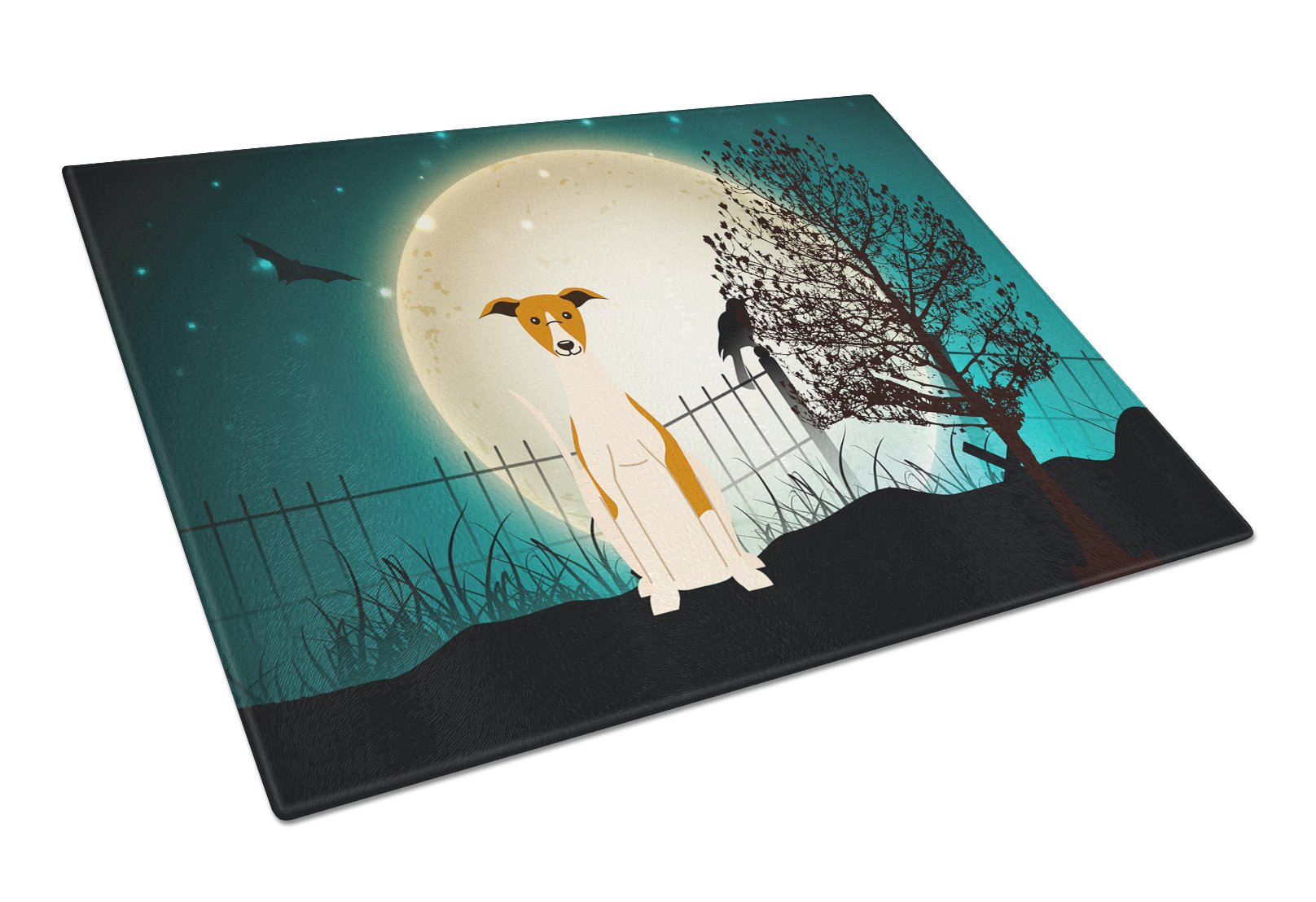 Halloween Scary Whippet Cutting Board Tempered Glass Kitchen Cutting Surface, Heat Resistant Chopping, Non-Slip Feet, Food Prep & Serving