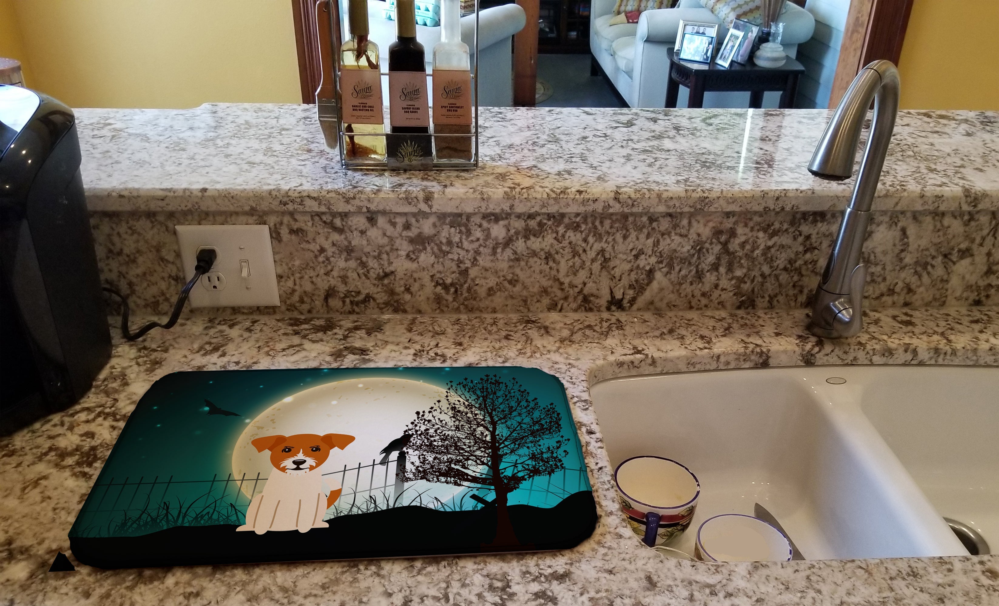 Halloween Scary Jack Russell Terrier Dish Drying Mat Absorbent Dish Drying Mat Pad for Kitchen Counter Dish Drainer Mat for Countertop, 14 x 21", Multicolor