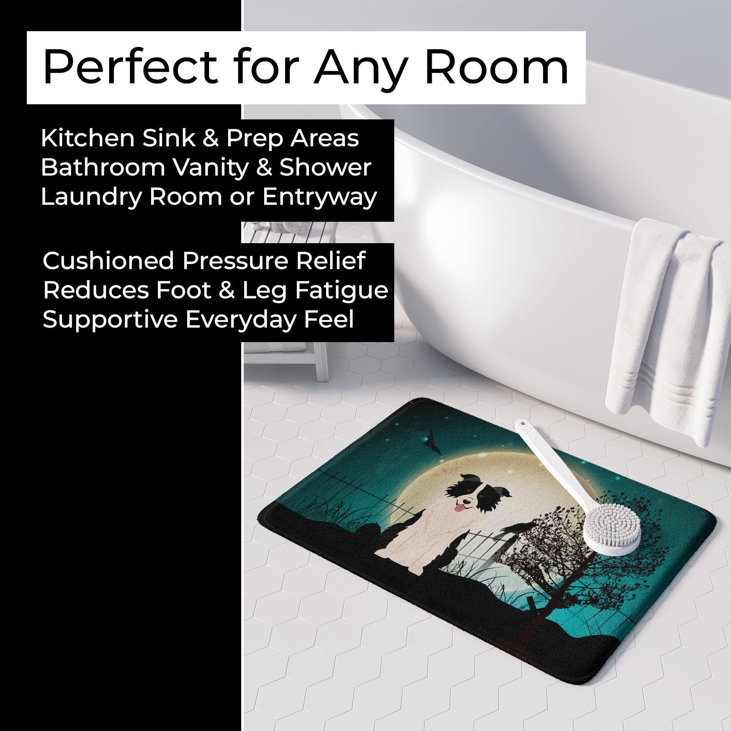 Halloween Scary Border Collie Black White Memory Foam Kitchen Mat Machine Washable Anti-Fatigue Cushion Comfort Bath or Kitchen Rug