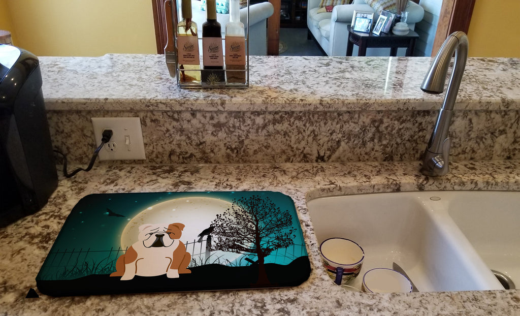 Halloween Scary English Bulldog Fawn White Dish Drying Mat Absorbent Dish Drying Mat Pad for Kitchen Counter Dish Drainer Mat for Countertop, 14 x 21", Multicolor