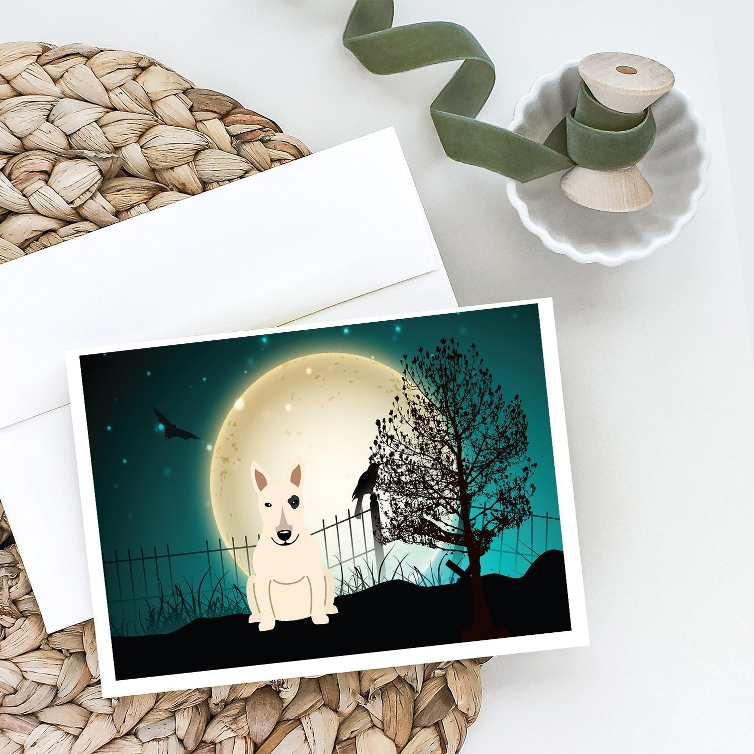 Halloween Scary Bull Terrier White Greeting Cards Pack of 8 Blank Cards with Envelopes Whimsical A7 Size 5x7