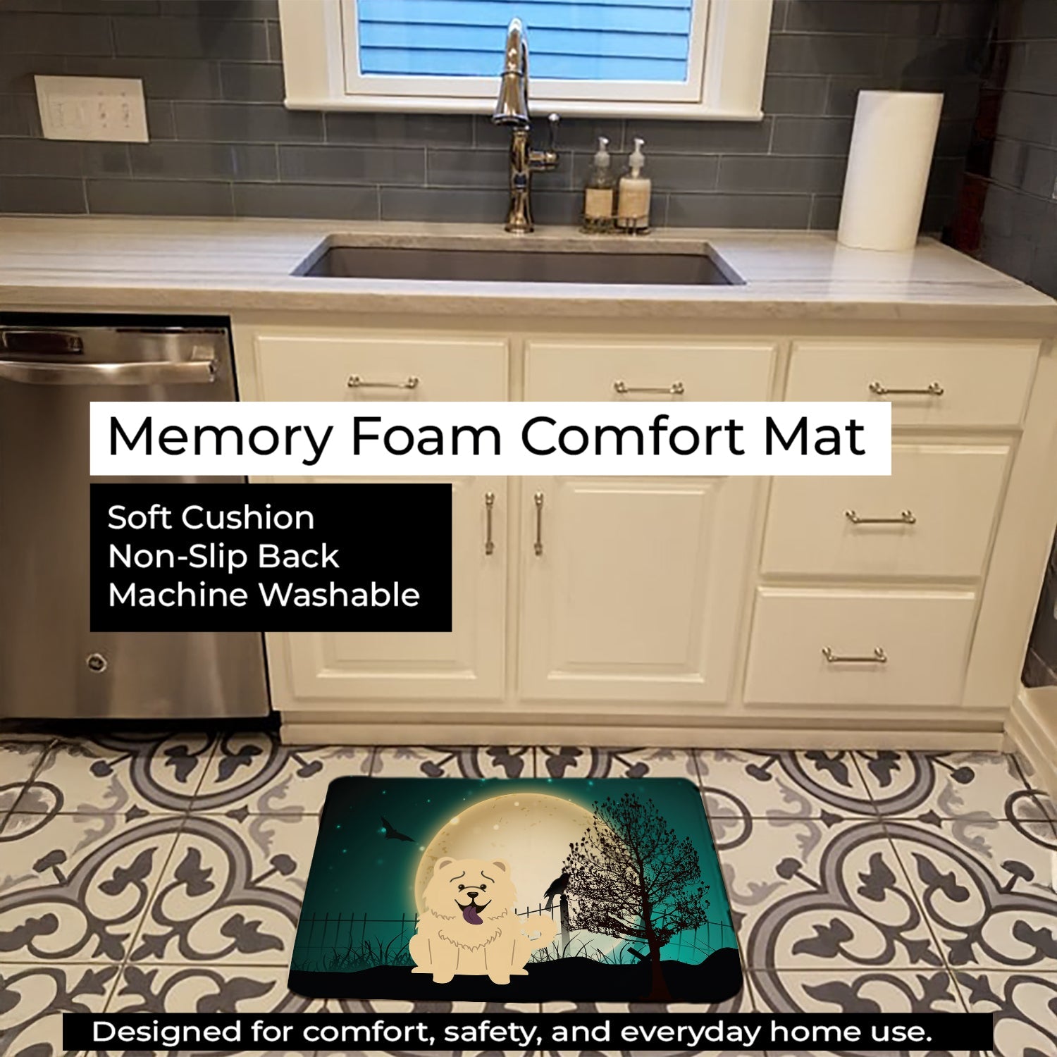 Halloween Scary Chow Chow White Memory Foam Kitchen Mat Machine Washable Anti-Fatigue Cushion Comfort Bath or Kitchen Rug
