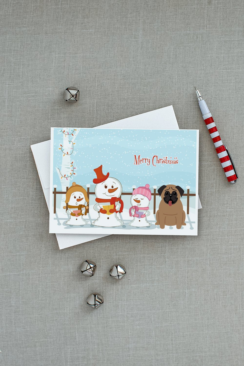 Merry Christmas Carolers Pug Brown Greeting Cards Pack of 8 Blank Cards with Envelopes Whimsical A7 Size 5x7