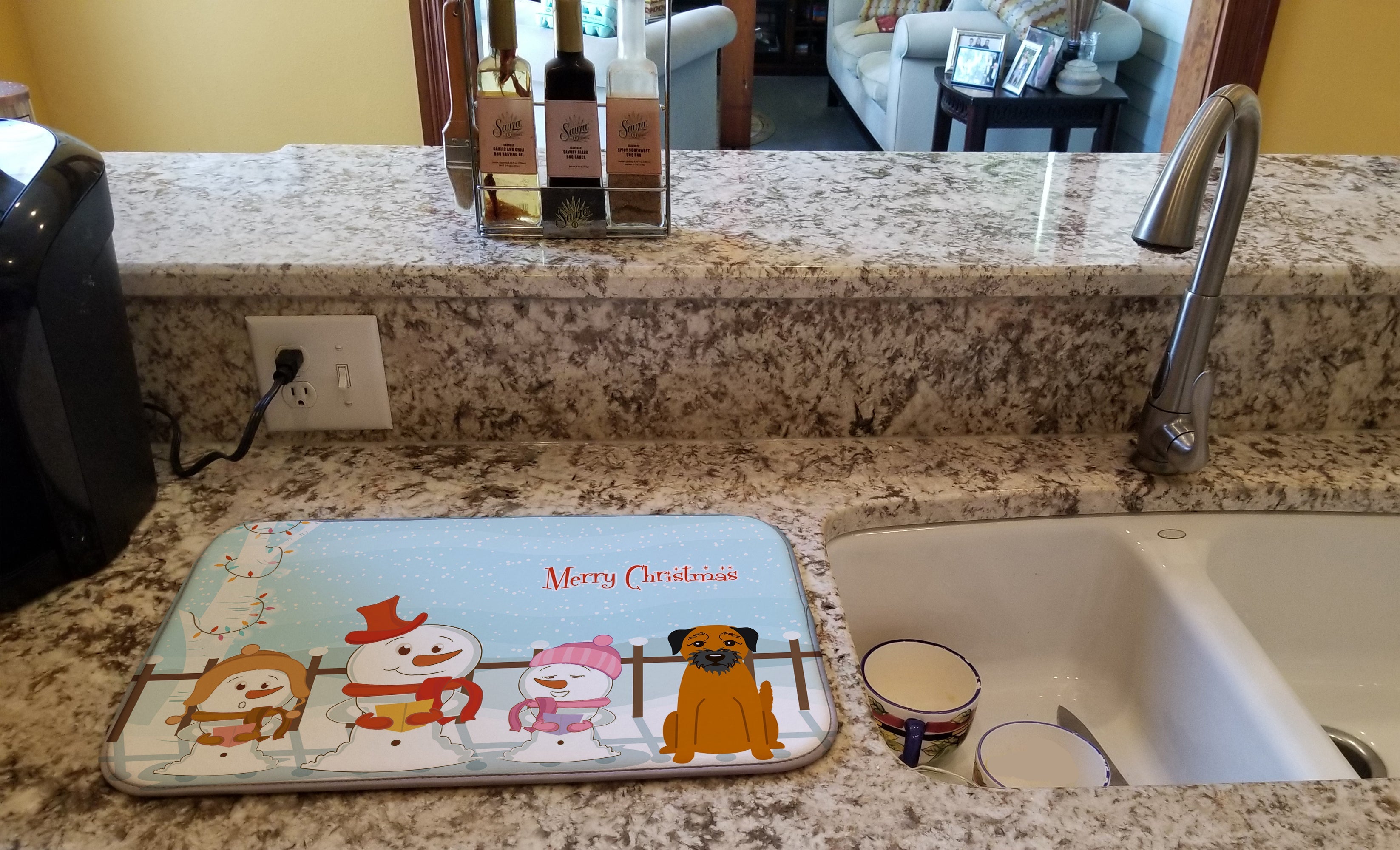 Merry Christmas Carolers Border Terrier Dish Drying Mat Absorbent Dish Drying Mat Pad for Kitchen Counter Dish Drainer Mat for Countertop, 14 x 21", Multicolor