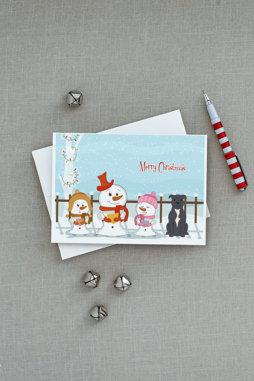 Merry Christmas Carolers Staffordshire Bull Terrier Blue Greeting Cards Pack of 8 Blank Cards with Envelopes Whimsical A7 Size 5x7