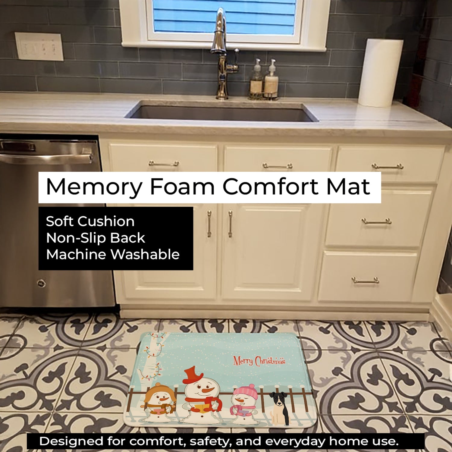Merry Christmas Carolers Smooth Fox Terrier Memory Foam Kitchen Mat Machine Washable Anti-Fatigue Cushion Comfort Bath or Kitchen Rug