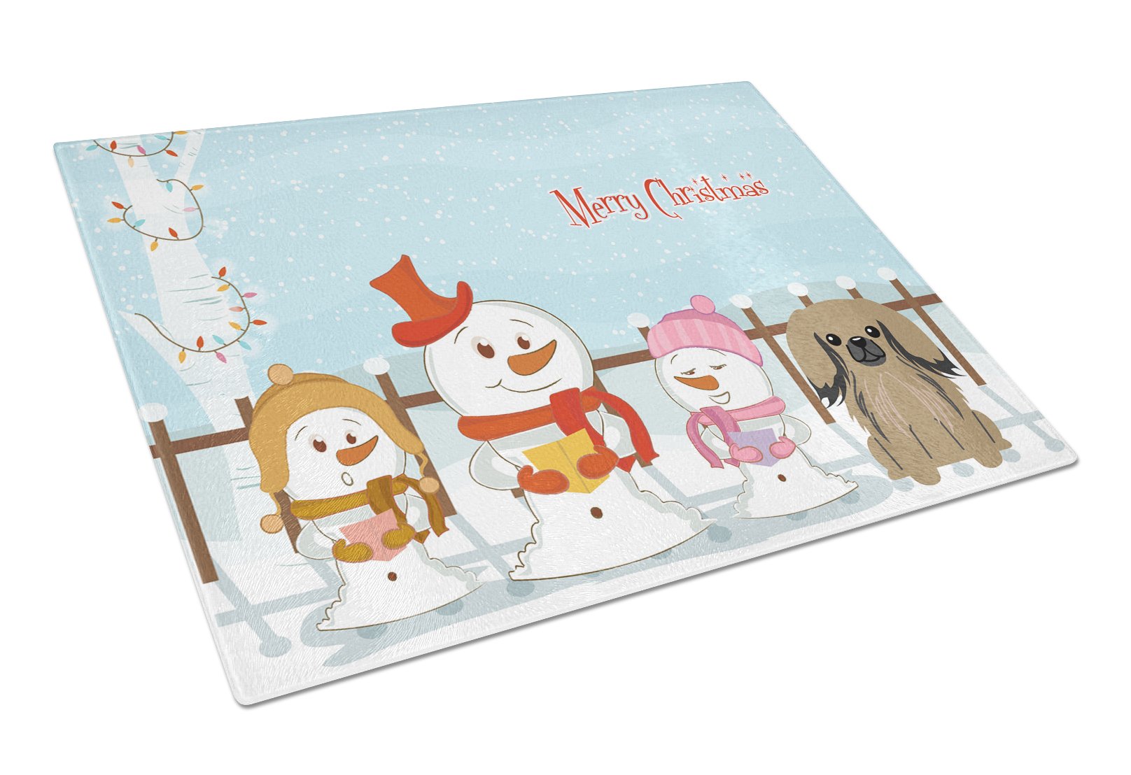 Merry Christmas Carolers Pekingese Tan Cutting Board Tempered Glass Kitchen Cutting Surface, Heat Resistant Chopping, Non-Slip Feet, Food Prep & Serving