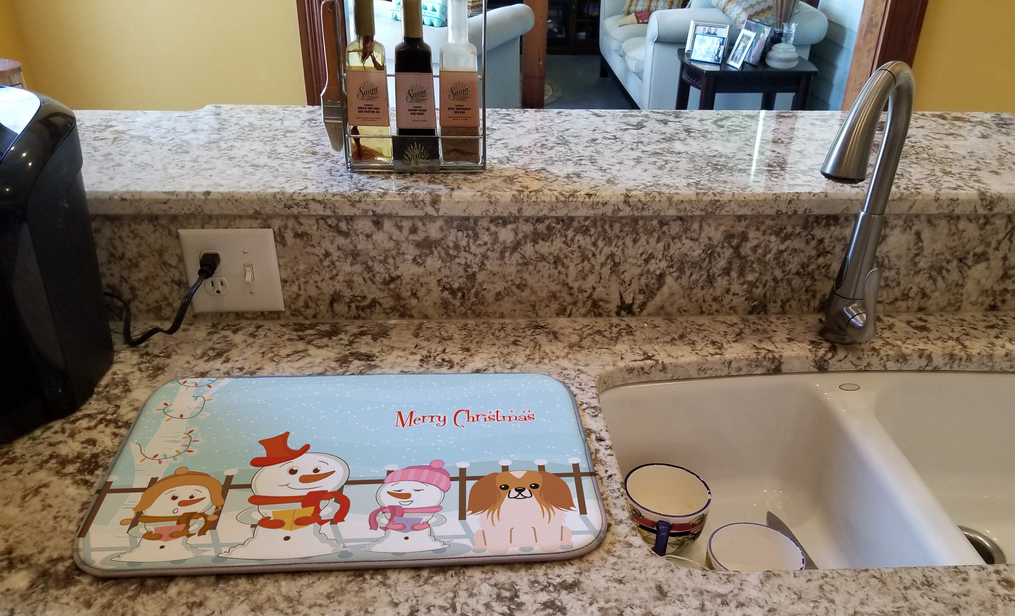 Merry Christmas Carolers Pekingese Red White Dish Drying Mat Absorbent Dish Drying Mat Pad for Kitchen Counter Dish Drainer Mat for Countertop, 14 x 21", Multicolor