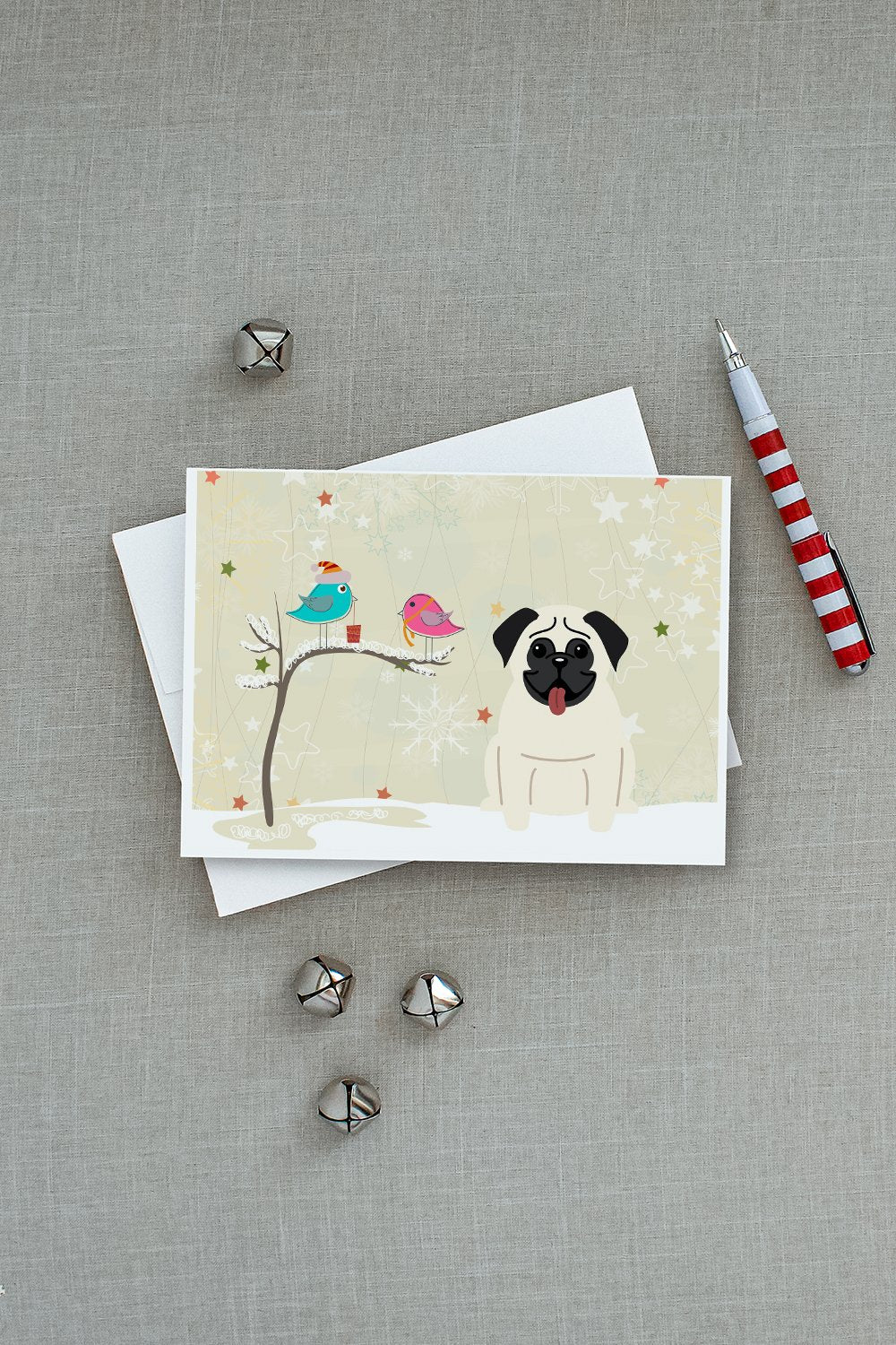 Christmas Presents between Friends Pug - Cream Greeting Cards Pack of 8 Blank Cards with Envelopes Whimsical A7 Size 5x7