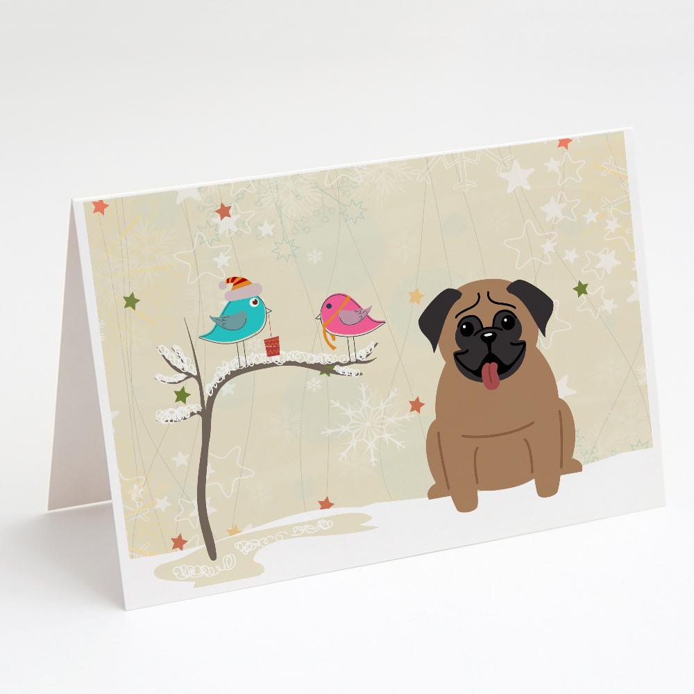 Christmas Presents between Friends Pug - Brown Greeting Cards Pack of 8 Blank Cards with Envelopes Whimsical A7 Size 5x7