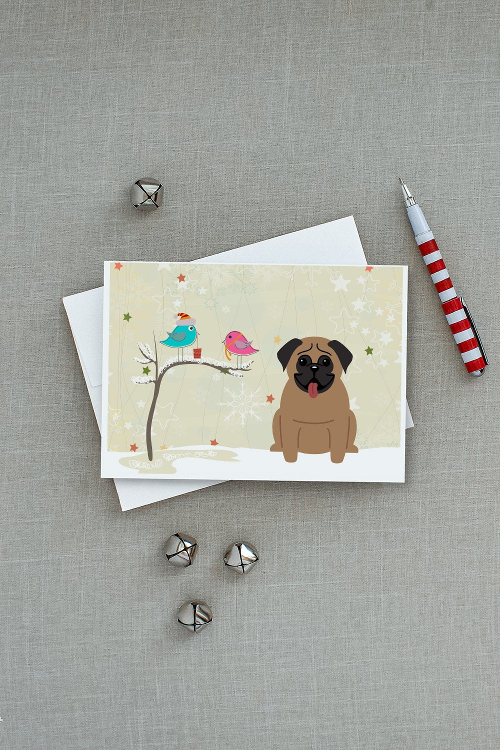 Christmas Presents between Friends Pug - Brown Greeting Cards Pack of 8 Blank Cards with Envelopes Whimsical A7 Size 5x7