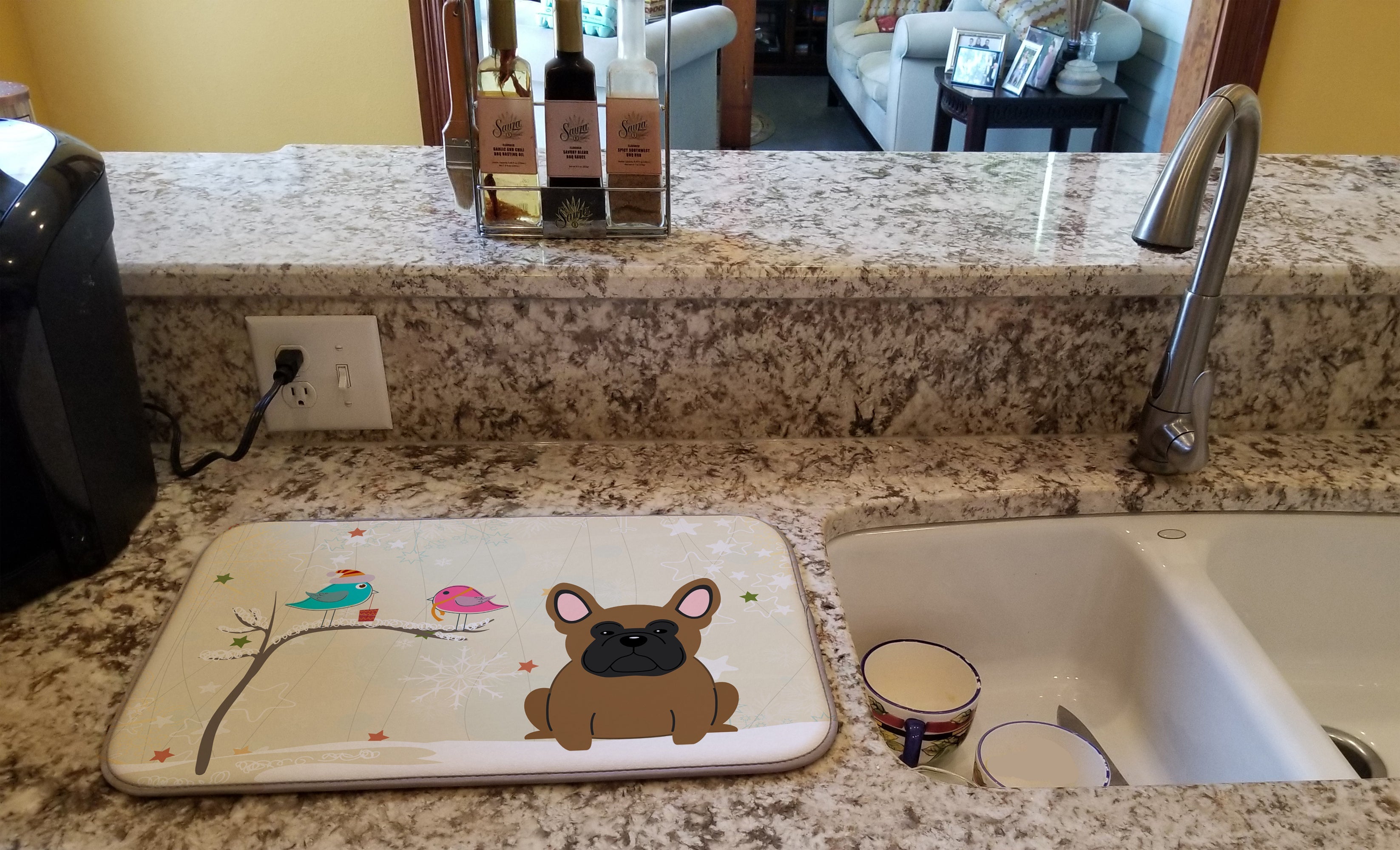 Christmas Presents between Friends French Bulldog - Brown Dish Drying Mat Absorbent Dish Drying Mat Pad for Kitchen Counter Dish Drainer Mat for Countertop, 14 x 21", Multicolor