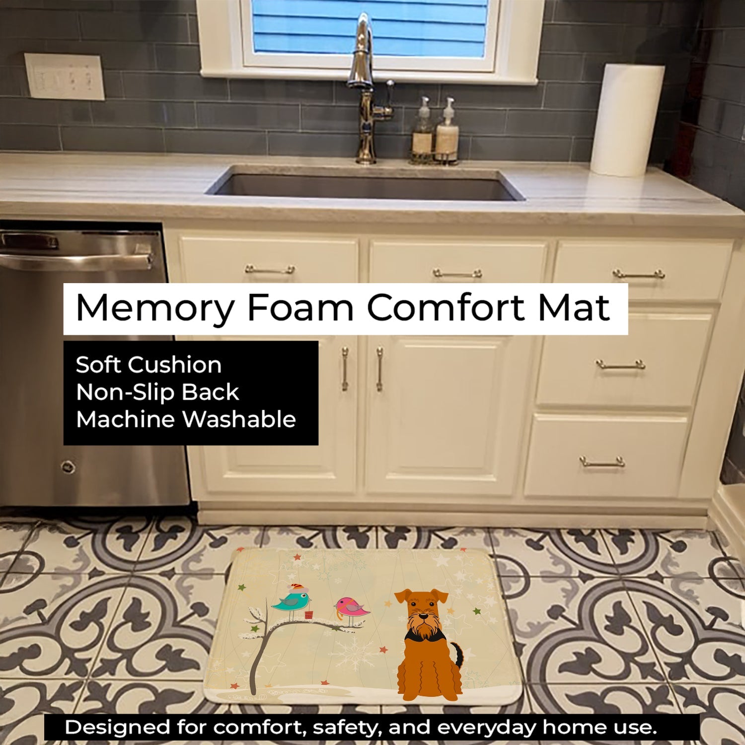 Christmas Presents between Friends Airedale Terrier Memory Foam Kitchen Mat Machine Washable Anti-Fatigue Cushion Comfort Bath or Kitchen Rug