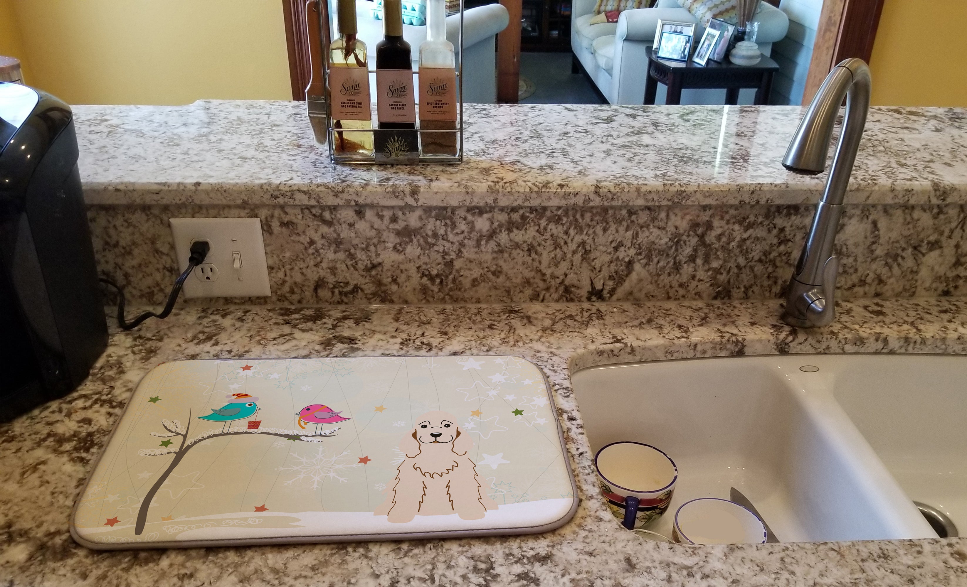 Christmas Presents between Friends Cocker Spaniel - Buff Dish Drying Mat Absorbent Dish Drying Mat Pad for Kitchen Counter Dish Drainer Mat for Countertop, 14 x 21", Multicolor