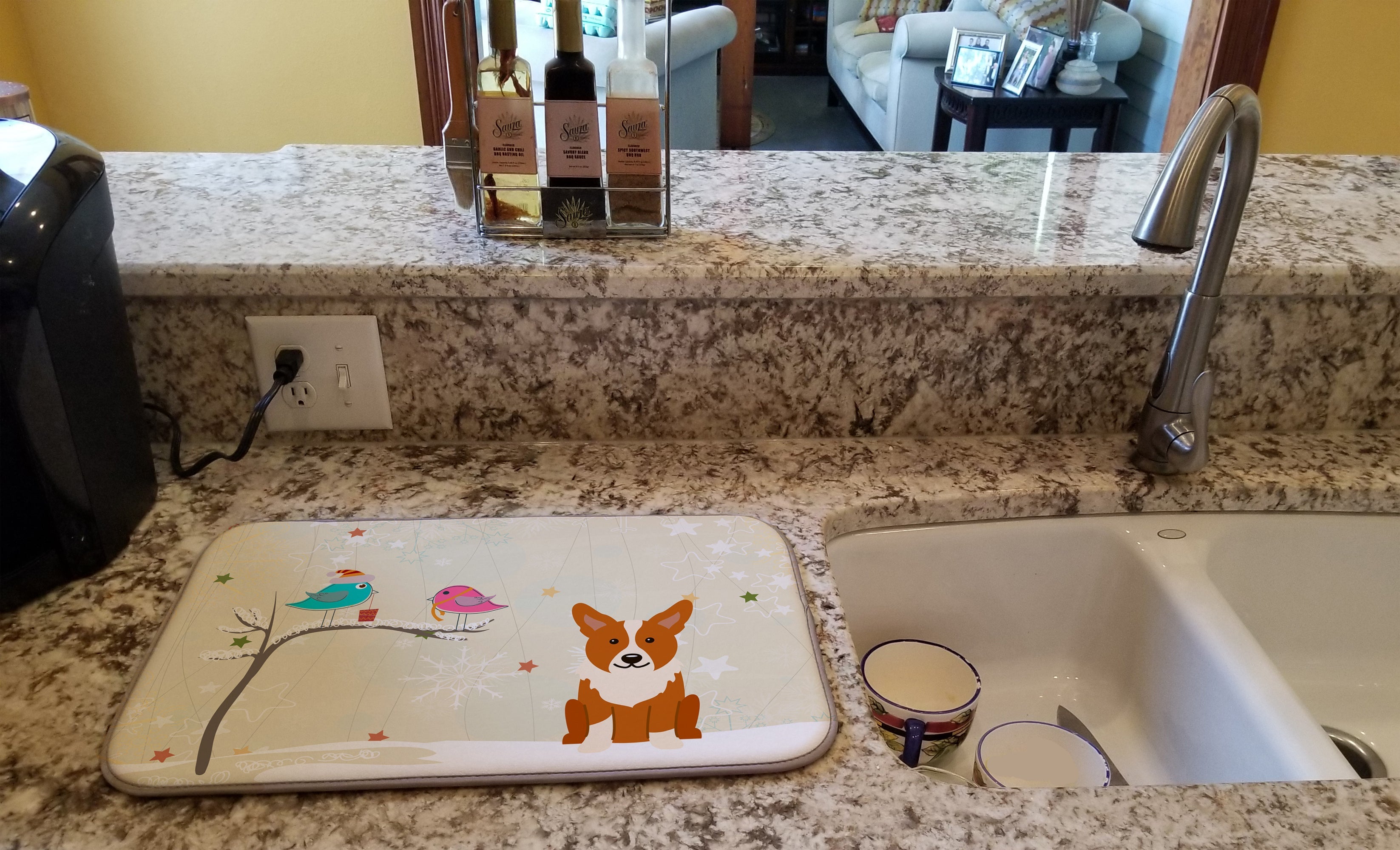 Christmas Presents between Friends Corgi Dish Drying Mat Absorbent Dish Drying Mat Pad for Kitchen Counter Dish Drainer Mat for Countertop, 14 x 21", Multicolor