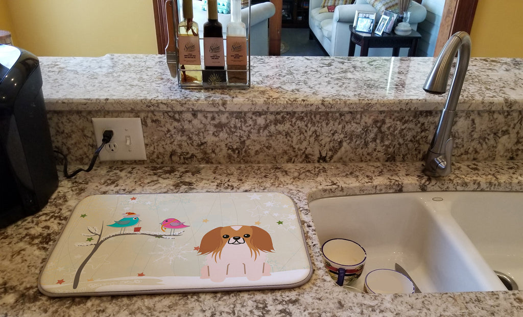 Christmas Presents between Friends Pekingese - Red and White Dish Drying Mat Absorbent Dish Drying Mat Pad for Kitchen Counter Dish Drainer Mat for Countertop, 14 x 21", Multicolor