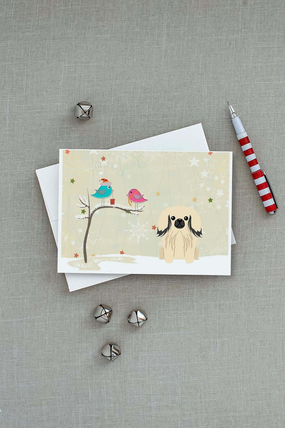 Christmas Presents between Friends Pekingese - Cream Greeting Cards Pack of 8 Blank Cards with Envelopes Whimsical A7 Size 5x7