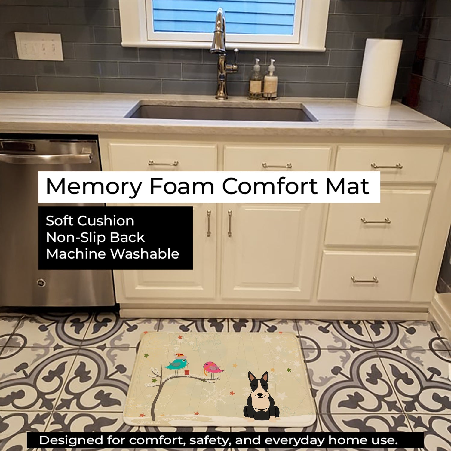 Christmas Presents between Friends Bull Terrier - Black and White Memory Foam Kitchen Mat Machine Washable Anti-Fatigue Cushion Comfort Bath or Kitchen Rug