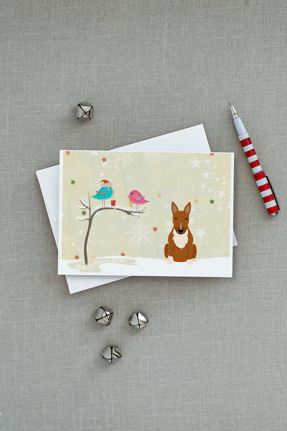 Christmas Presents between Friends Bull Terrier - Red Greeting Cards Pack of 8 Blank Cards with Envelopes Whimsical A7 Size 5x7