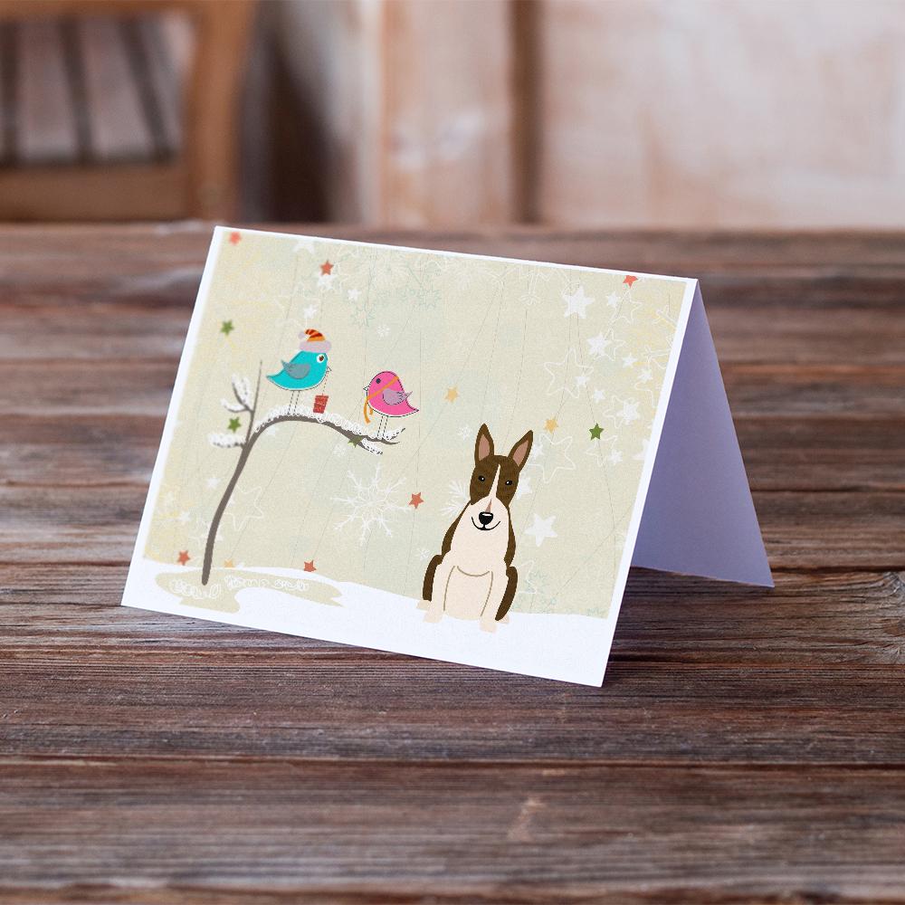 Christmas Presents between Friends Bull Terrier - Dark Brindle Greeting Cards Pack of 8 Blank Cards with Envelopes Whimsical A7 Size 5x7