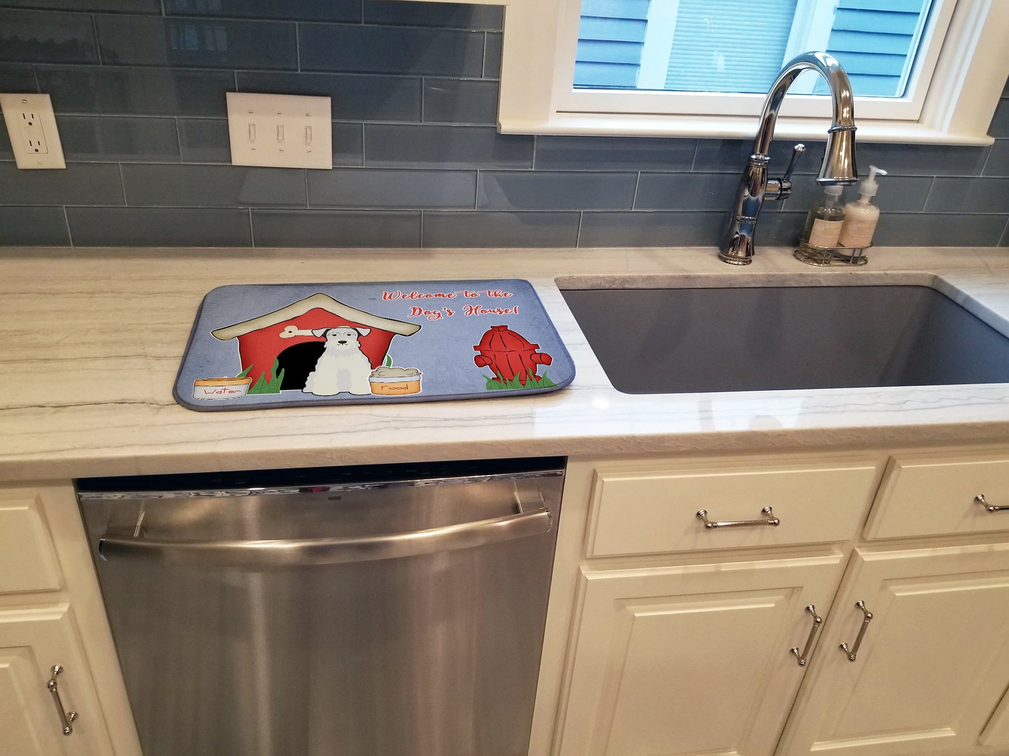 Dog House Collection Miniature Schnauzer White Dish Drying Mat Absorbent Dish Drying Mat Pad for Kitchen Counter Dish Drainer Mat for Countertop, 14 x 21", Multicolor